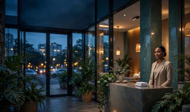 A spa receptionist welcomes visitors beside a desk near a warmly lit entrance.