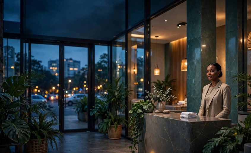 A spa receptionist welcomes visitors beside a desk near a warmly lit entrance.