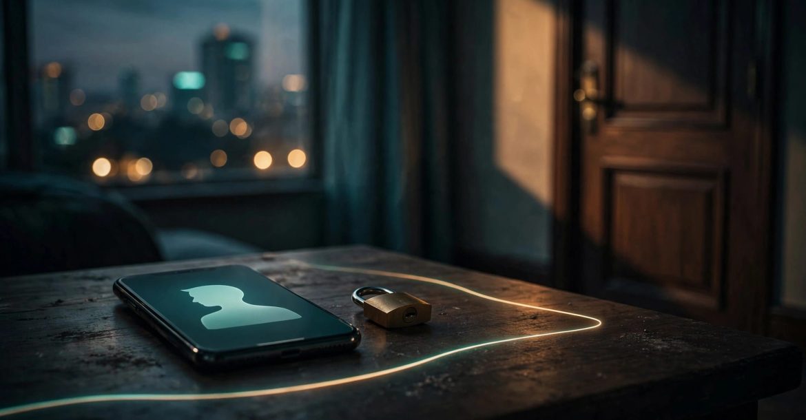 A smartphone, closed door, padlock, and glowing boundary line on a table.