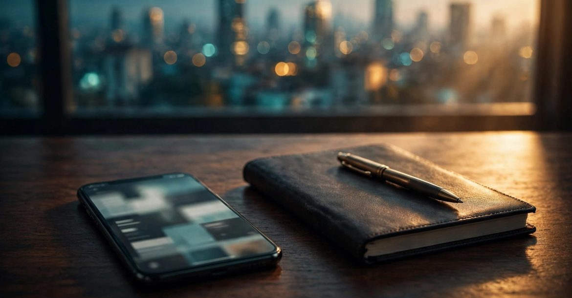 A smartphone, notebook, and pen sit on a desk overlooking Nairobi.