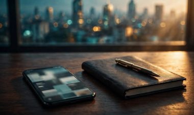 A smartphone, notebook, and pen sit on a desk overlooking Nairobi.