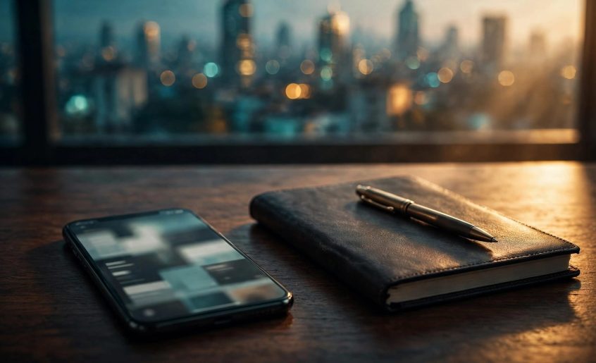A smartphone, notebook, and pen sit on a desk overlooking Nairobi.