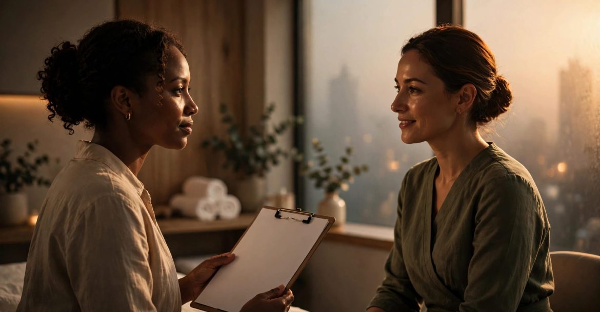 Woman and therapist review a blank consent form in a Nairobi spa.