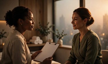 Woman and therapist review a blank consent form in a Nairobi spa.