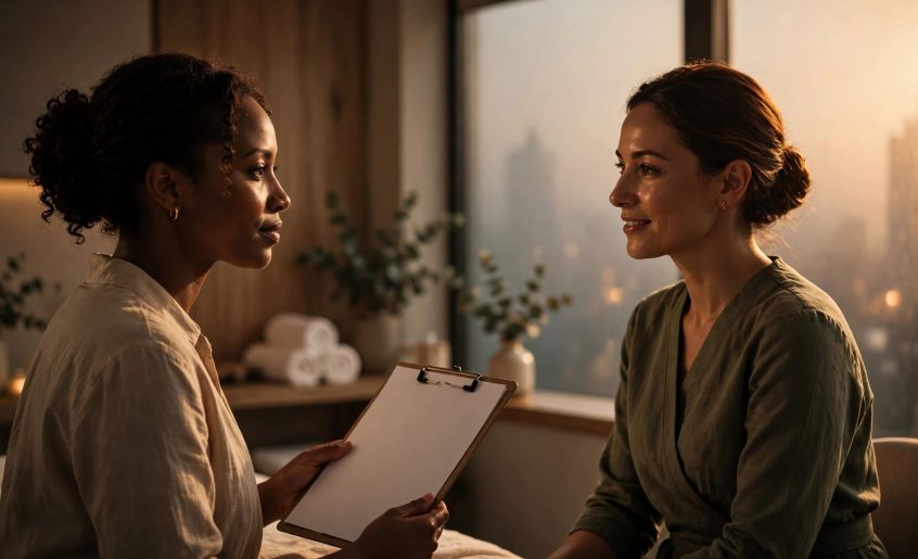 Woman and therapist review a blank consent form in a Nairobi spa.
