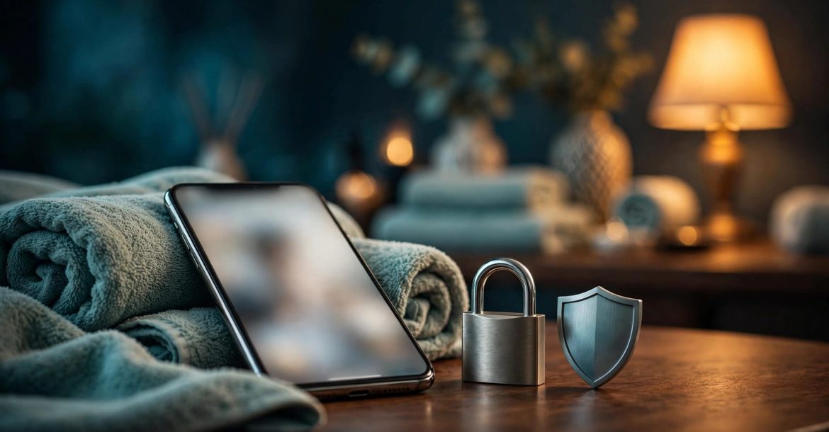 A blurred smartphone beside a padlock and privacy shield in a warm massage studio.