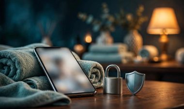 A blurred smartphone beside a padlock and privacy shield in a warm massage studio.