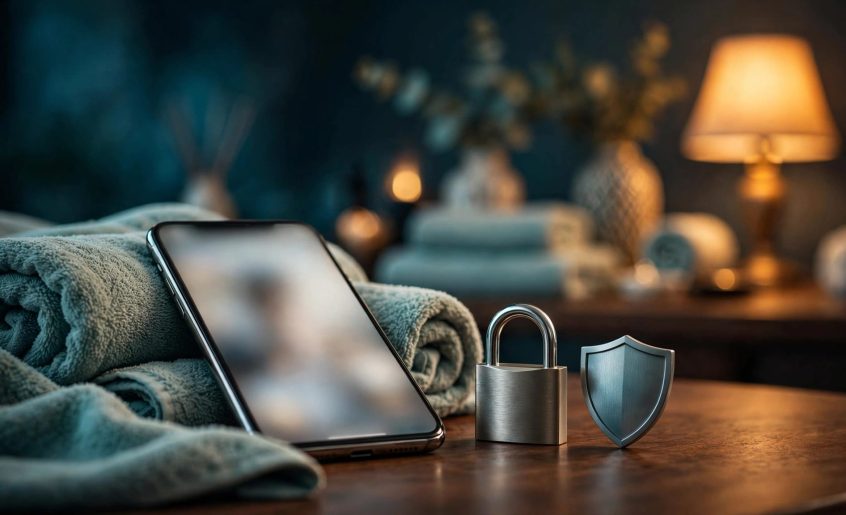 A blurred smartphone beside a padlock and privacy shield in a warm massage studio.