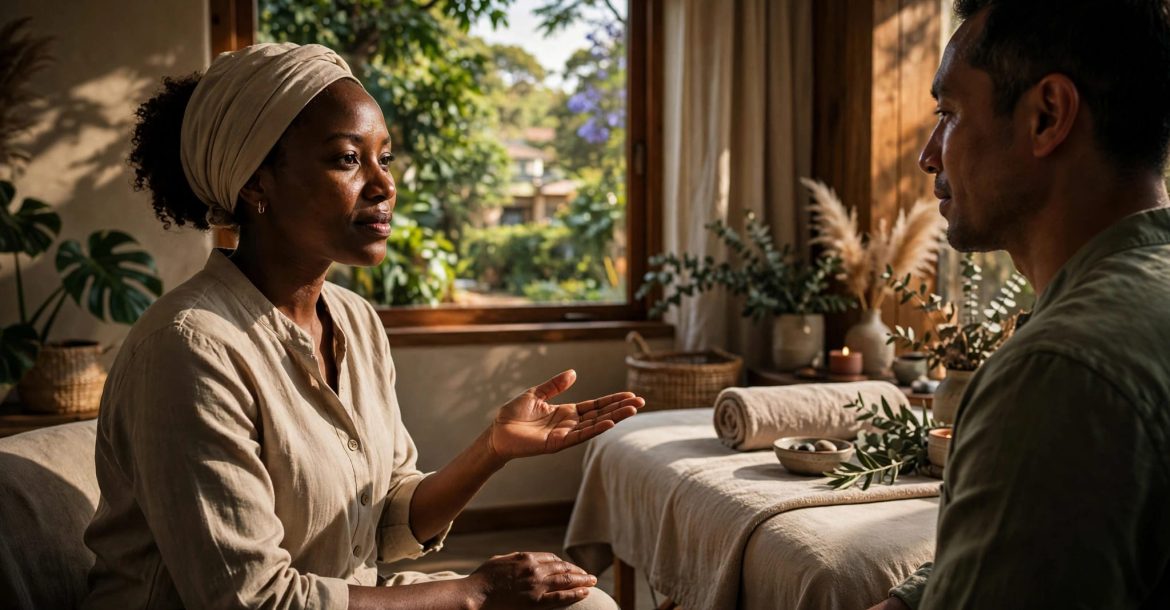 A therapist listens to a client beside a massage table in a warmly lit spa.