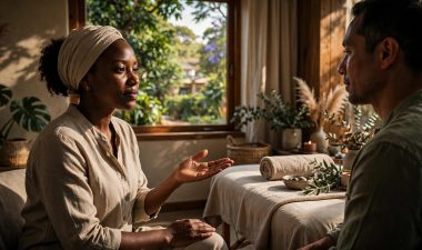 A therapist listens to a client beside a massage table in a warmly lit spa.