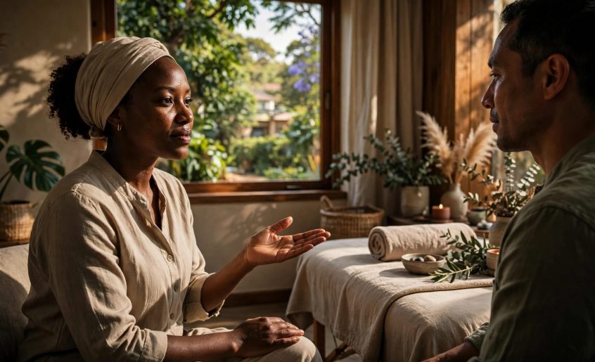 A therapist listens to a client beside a massage table in a warmly lit spa.