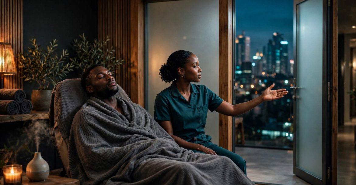A draped client sits beside a therapist in a warm Nairobi spa.