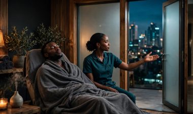 A draped client sits beside a therapist in a warm Nairobi spa.