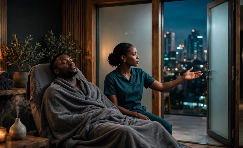 A draped client sits beside a therapist in a warm Nairobi spa.