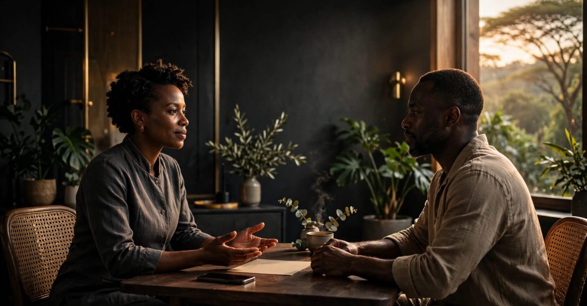 A therapist and client discuss boundaries across a table in a warm wellness studio.