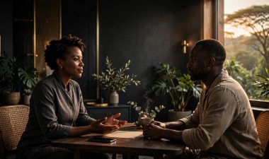 A therapist and client discuss boundaries across a table in a warm wellness studio.