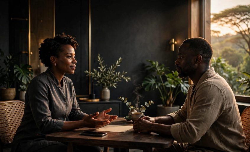 A therapist and client discuss boundaries across a table in a warm wellness studio.
