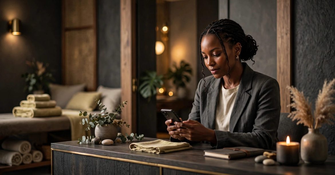 A woman checks a phone at a wellness reception desk with towels in the background.