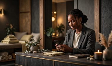 A woman checks a phone at a wellness reception desk with towels in the background.
