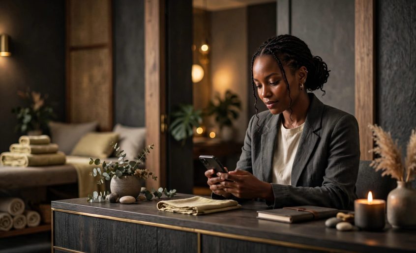 A woman checks a phone at a wellness reception desk with towels in the background.