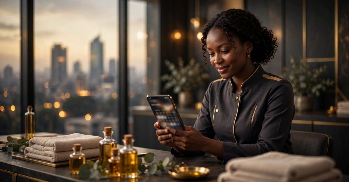A wellness professional checks a phone at a Nairobi spa reception desk.