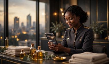 A wellness professional checks a phone at a Nairobi spa reception desk.