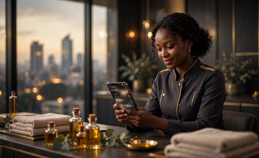 A wellness professional checks a phone at a Nairobi spa reception desk.