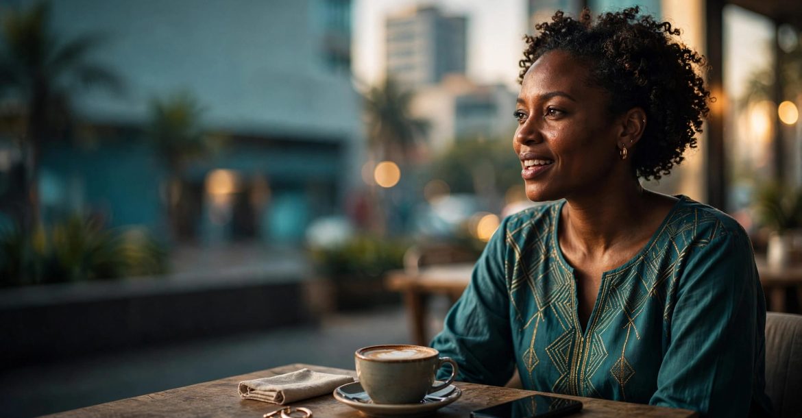 A Nairobi woman talks with someone at a café table beside her coffee and phone.