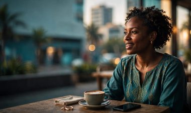 A Nairobi woman talks with someone at a café table beside her coffee and phone.