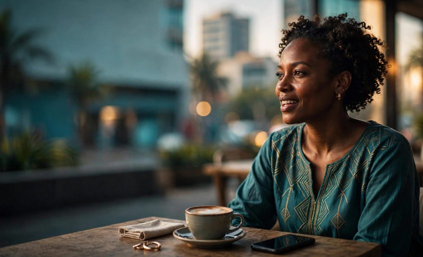 A Nairobi woman talks with someone at a café table beside her coffee and phone.