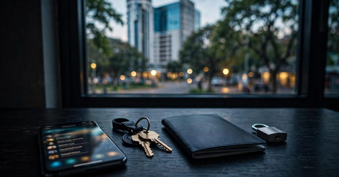 Smartphone, keys, passport, and padlock sit on a dark table by a window.