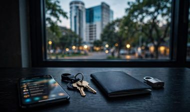 Smartphone, keys, passport, and padlock sit on a dark table by a window.