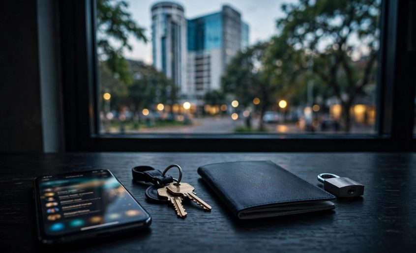 Smartphone, keys, passport, and padlock sit on a dark table by a window.