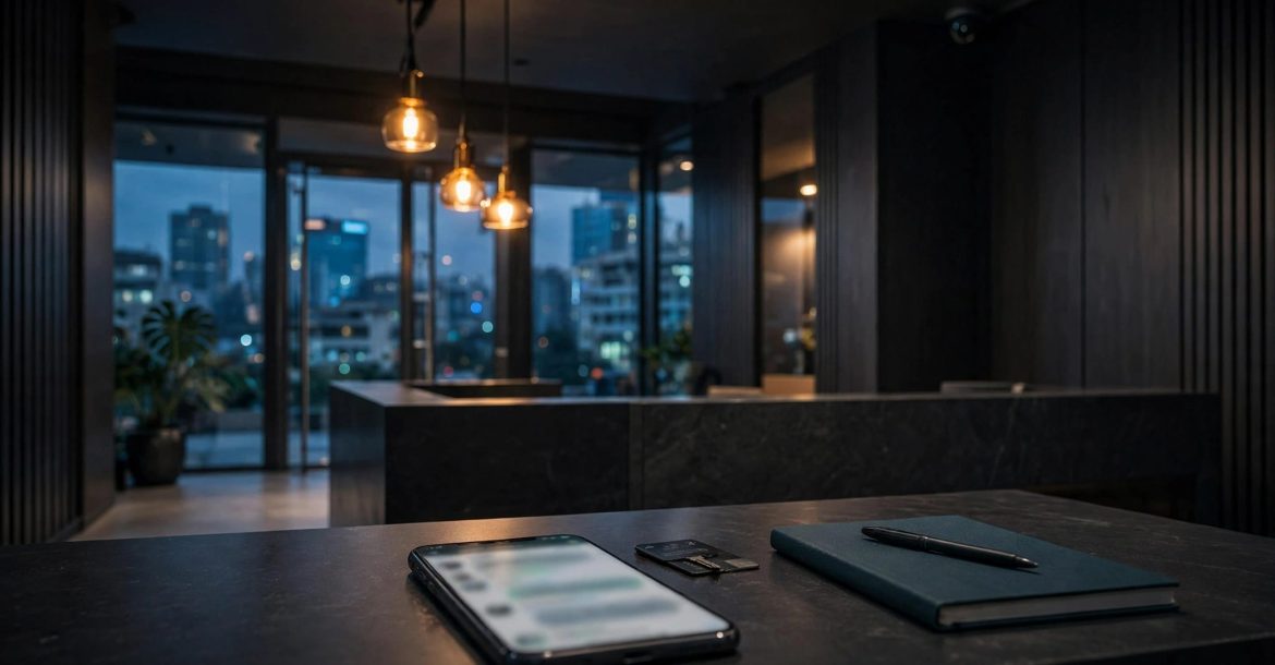 A modern lobby desk with a phone, keycard, notebook, and city lights outside.