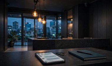 A modern lobby desk with a phone, keycard, notebook, and city lights outside.