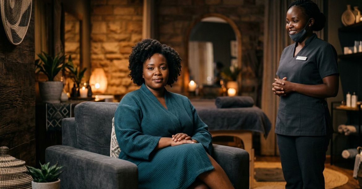 A plus-size woman sits in a warm spa as a therapist stands nearby.