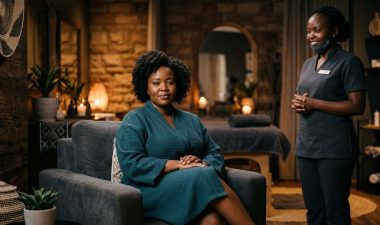A plus-size woman sits in a warm spa as a therapist stands nearby.