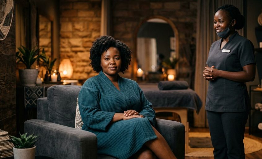 A plus-size woman sits in a warm spa as a therapist stands nearby.