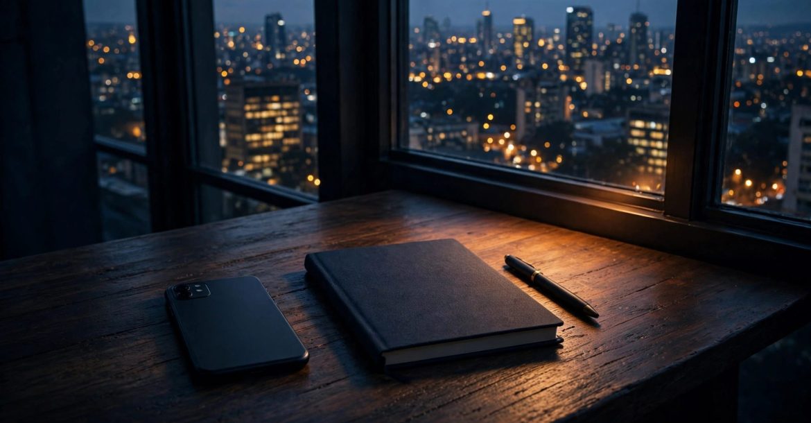 A phone, notebook, and pen sit on a table overlooking Nairobi at dusk.