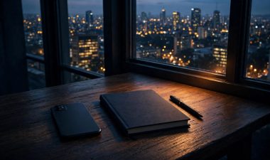 A phone, notebook, and pen sit on a table overlooking Nairobi at dusk.
