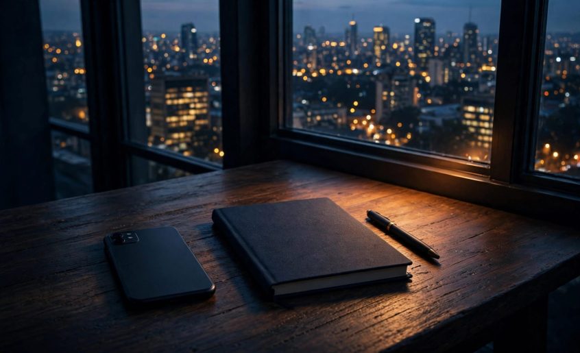 A phone, notebook, and pen sit on a table overlooking Nairobi at dusk.