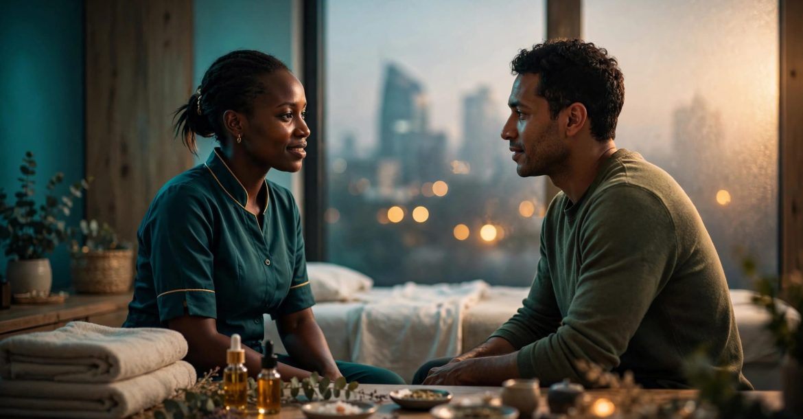 A therapist consults with a client in a warm, tidy massage room.