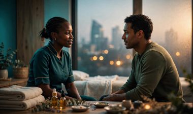 A therapist consults with a client in a warm, tidy massage room.