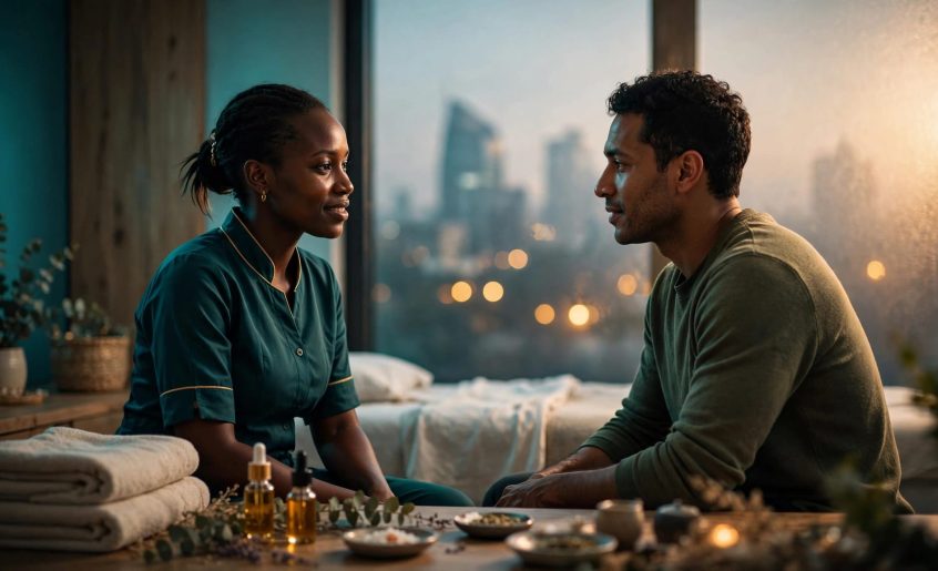 A therapist consults with a client in a warm, tidy massage room.