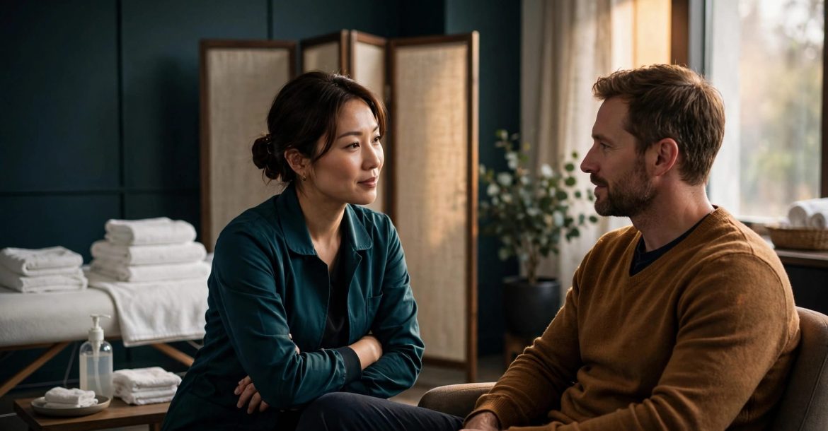 A therapist consults with a client beside a prepared massage table.