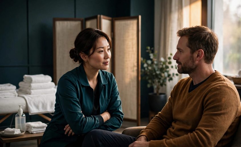 A therapist consults with a client beside a prepared massage table.