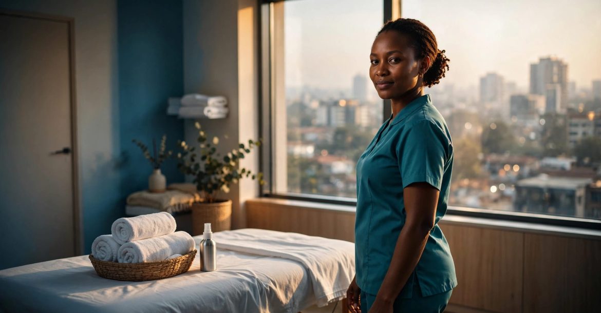 Therapist beside a prepared massage table in a bright Nairobi treatment room.