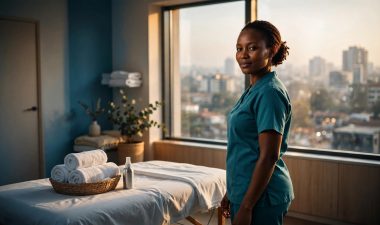 Therapist beside a prepared massage table in a bright Nairobi treatment room.