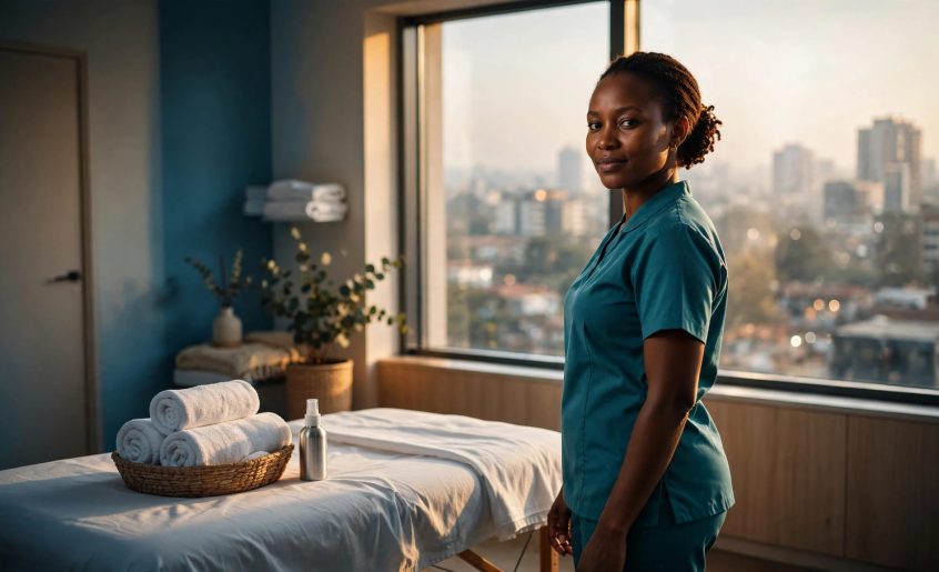 Therapist beside a prepared massage table in a bright Nairobi treatment room.