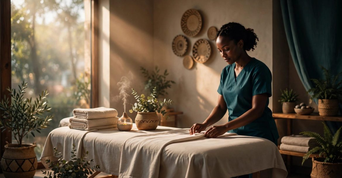 Therapist preparing a massage table in a warm, tidy wellness studio.